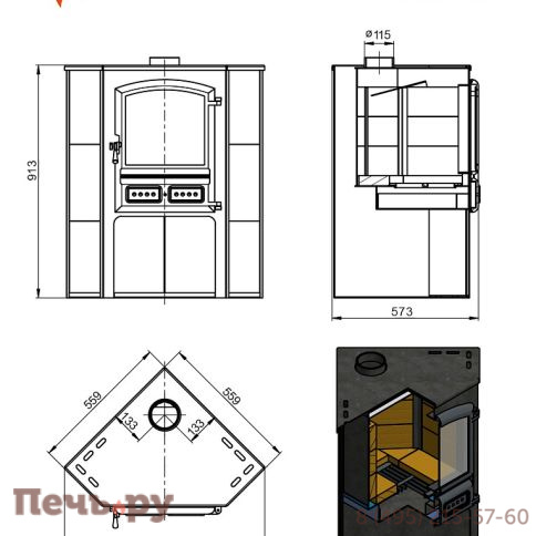 Камин Этна (БКД) угловой антрацит D115мм фото 3