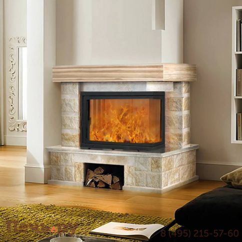 Каминная облицовка ЭкоКамин Ландыш угловой, Crema nova, балка ясень фото