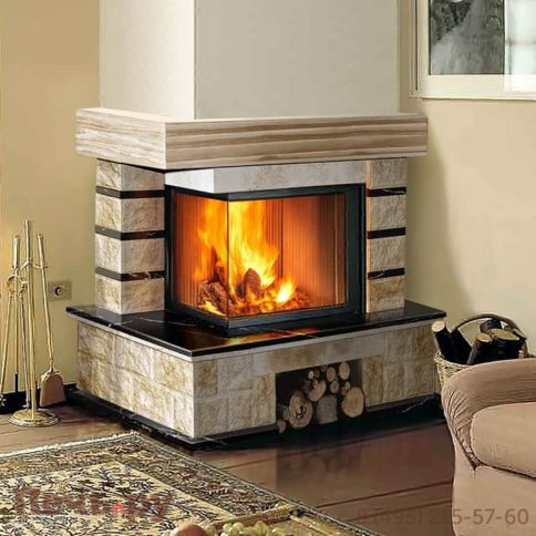 Каминная облицовка ЭкоКамин Ландыш угловой, Negro Marquina, балка ясень фото 3