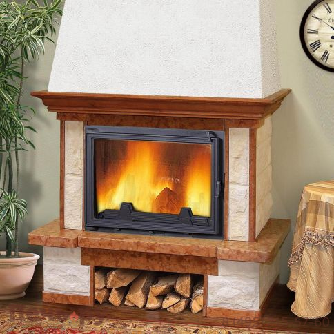 Каминная облицовка MadeIra Perlita деревянная балка фото