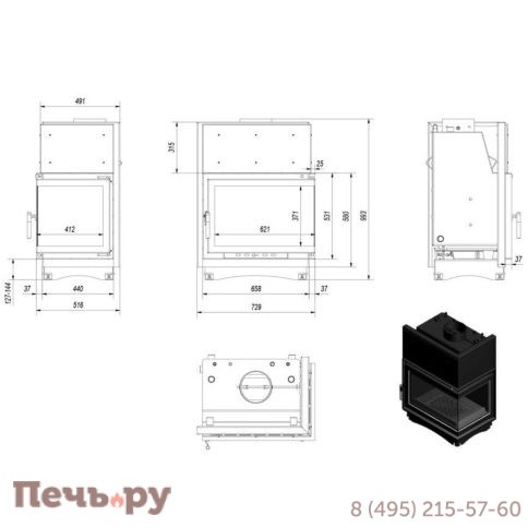 Каминная топка Kratki  Zuzia/PW/BP/15/BS/W (угловое стекло справа, змеевик) фото 5