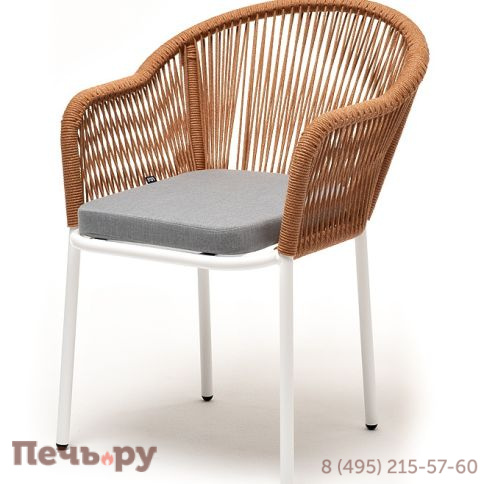 "Лион" стул плетеный из роупа, каркас алюминий светло-серый (RAL7035) муар, роуп оранжевый меланж круглый, ткань бежевая 052 фото