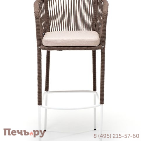 "Марсель" стул барный плетеный из роупа, каркас из стали белый муар, роуп коричневый круглый, ткань бежевая 052 фото 3