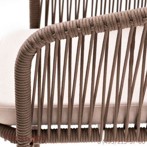 "Марсель" стул барный плетеный из роупа, каркас из стали белый муар, роуп коричневый круглый, ткань бежевая 052 фото 5