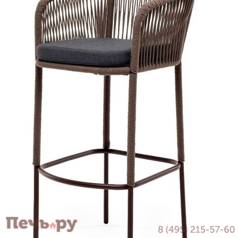 "Марсель" стул барный плетеный из роупа, каркас из стали коричневый (RAL8016) муар, роуп коричневый круглый, ткань темно-серая 027 фото