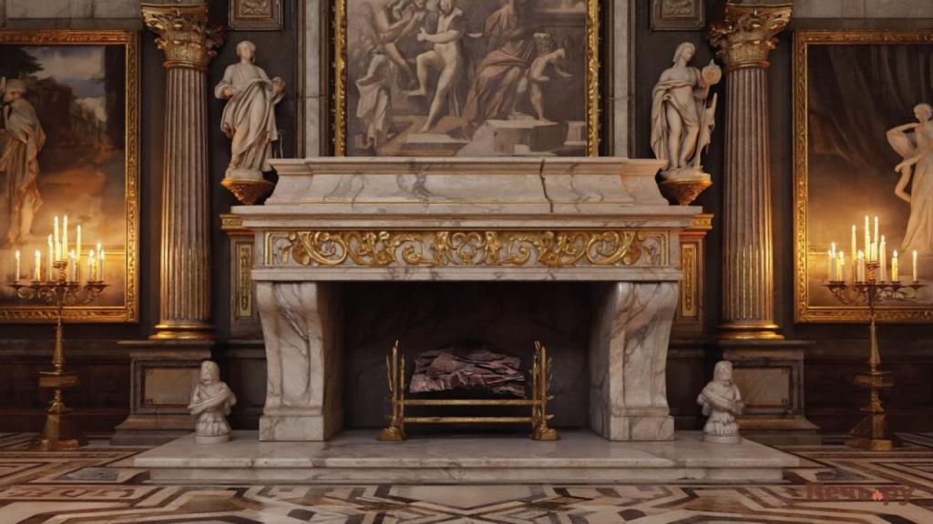 Камин в эпоху Возрождения Камин в зале в эпоху возрождения с колоннами и мозайкой интерьер роскошный с картинами и статуями (1).jpg